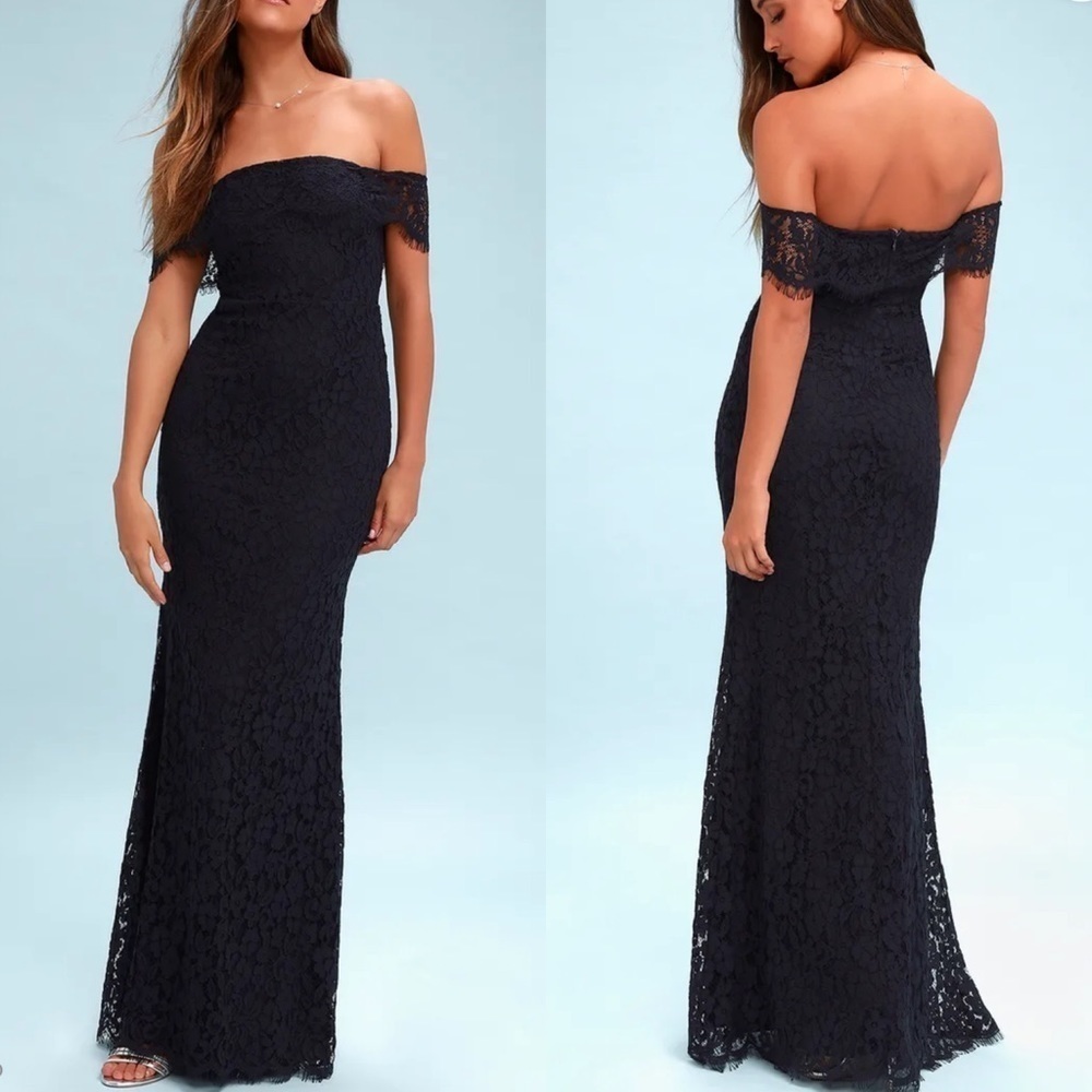 Lulus Romantic Heart Lace Off-the-Shoulder Maxi Dress in Navy Blue Size‎ Medium